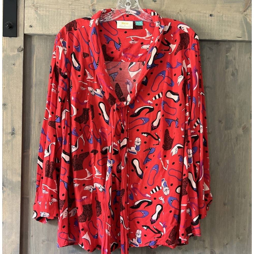 Maeve Anthropologie Women's Top Red Shoes Novelty Print Neck Tie Preppy Size 18W